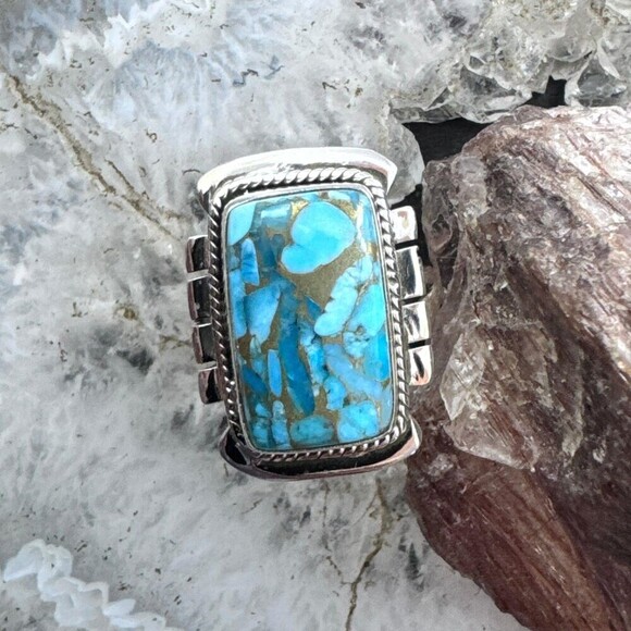 Sterling Silver Southwestern Style Blue Copper Turquoise Bar Ring Sz 8 For Women - Picture 5 of 10
